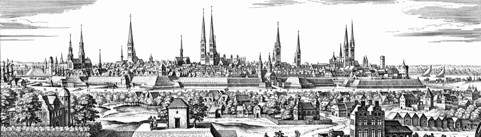 Die Hansestadt Lübeck im 17. Jahrhundert. Stich von Matthäus Merian dem Älteren.