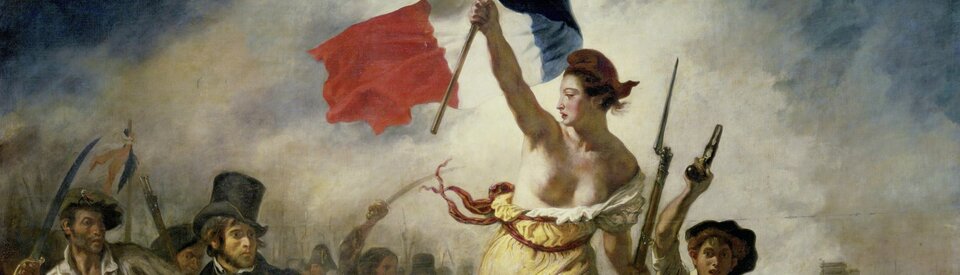 Depiction of the "Three Glorious Days" of 1830 by Eugène Delacroix. The oil painting was created only a few months after the July Revolution depicted. In the center, the Goddess of Liberty holds a French tricolor. The original has been on display in the Louvre since 1874.
