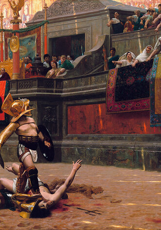 Pollice Verso („gedrehter Daumen“). Ölgemälde von Jean-Léon Gérôme aus dem Jahr 1872. Das Gemälde gilt als Vorlage für den Hollywood-Mythos, wonach ein nach unten gedrehter Daumen den Wunsch des Publikums nach der Tötung des unterlegenen Gladiators ausdrücken soll. Für das volle Bild, klick bitte den nachfolgenden Link an.