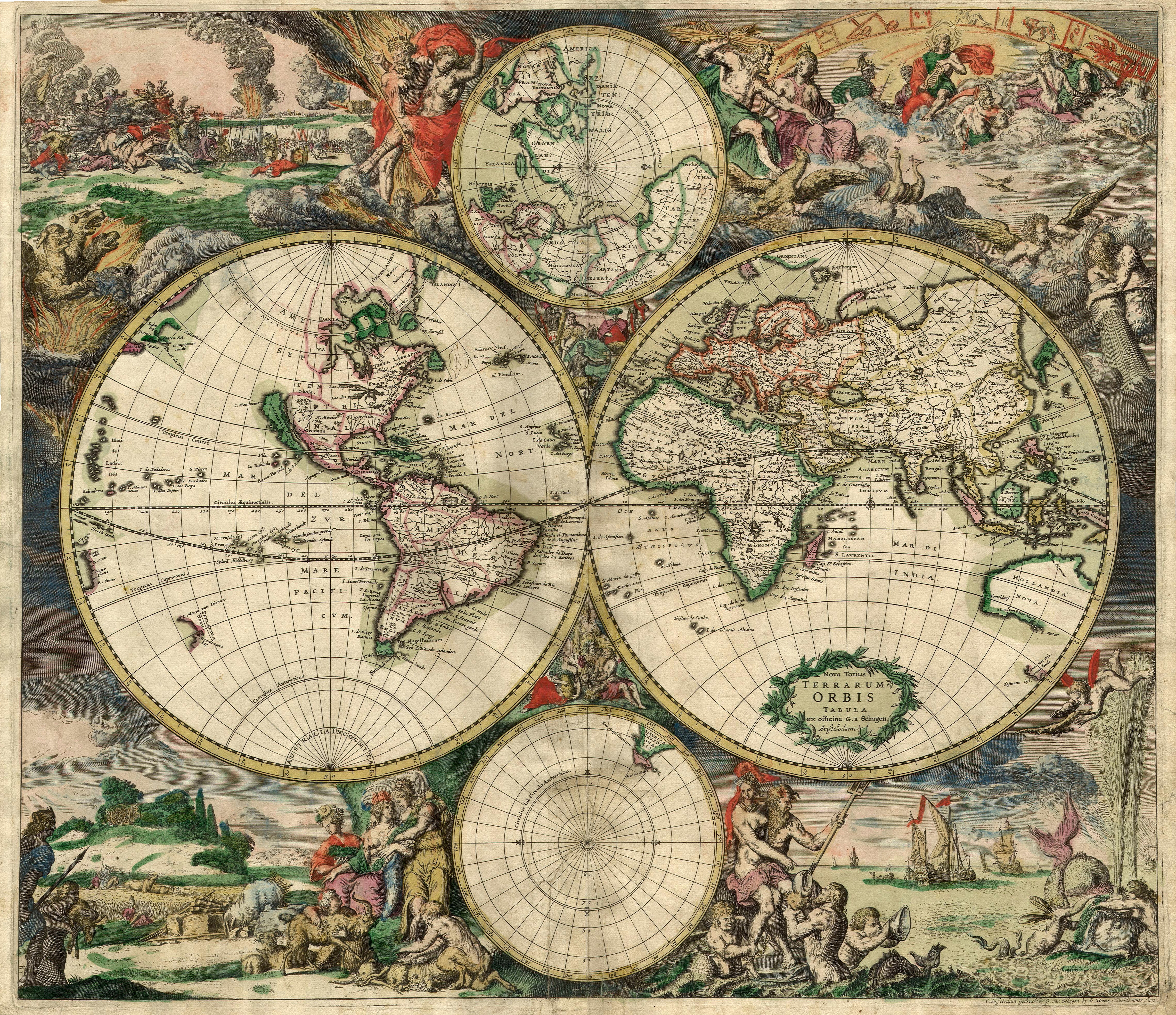 Nova totius terrarum orbis tabula Amstelodami. Seltener Kupferstich aus dem Jahr 1689.